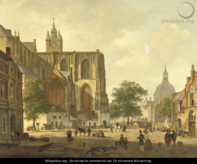 A busy Dutch city square in summer - Bartholomeus Johannes Van Hove