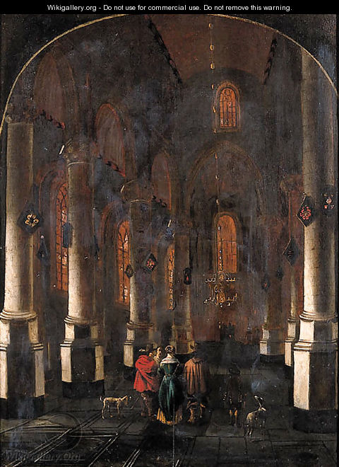 A view in a Gothic Church, with elegant townsfolk in the aisle - Bartholomeus Huybrechtsz. Lutensz. (Luyter)