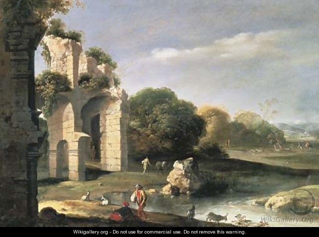 Figures in a landscape with classical ruins - Bartholomeus Breenbergh