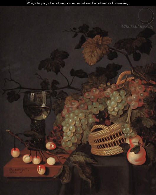 A basket with grapes, a roemer and cherries on a partly draped ledge - Bartholomeus Assteyn