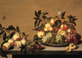 Fruit Grapes, peaches, apples and a pearon a Waanli 'kraak' porselein plate, with other fruit on a ledge - Bartholomeus Assteyn