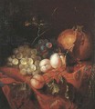 A pomegranate, grapes and peaches on a draped table - Barend or Bernardus van der Meer