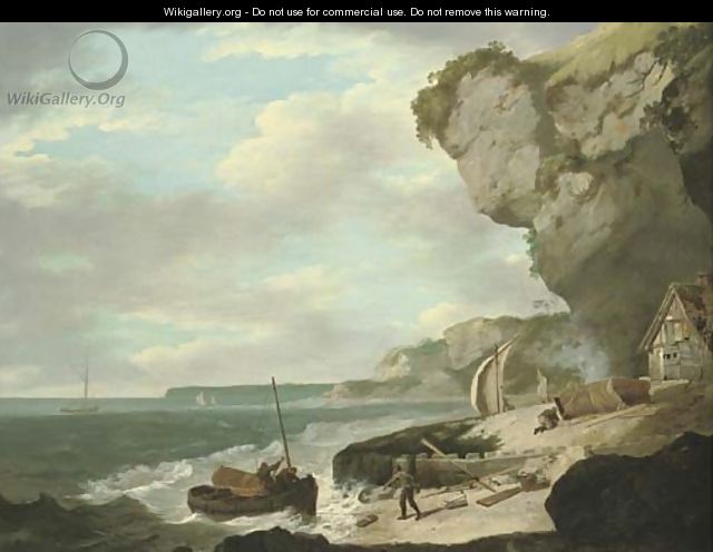 Coastal scene with fishermen on a beach in the foreground and sailing boats beyond - (after) William Hodges