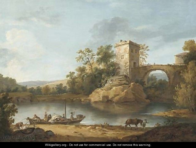 An Italianate river landscape with peasants in a boat and a fortified bridge beyond - (after) William Hodges