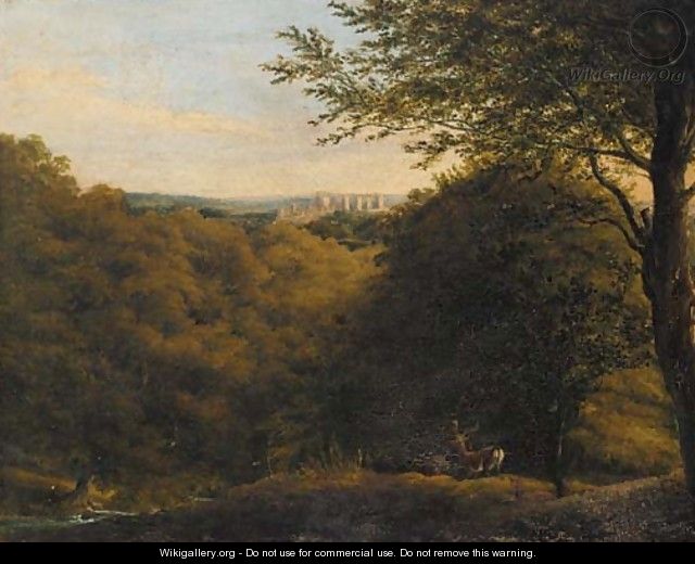 Deers in a wooded landscape, a hilltop castle beyond - (after) William Havell