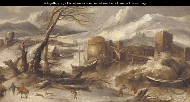 An Italianate winter landscape with fishermen by a river - (after) Willem Von Bemmel