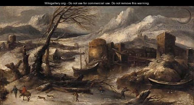 A winter landscape with fishermen by a river - (after) Willem Von Bemmel