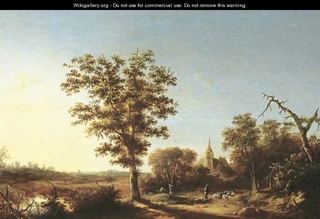 A wooded landscape with a shepherd and his flock, a church beyond - (after) Willem Schellinks
