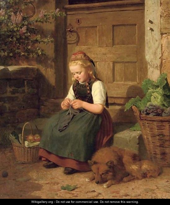 A young girl knitting - Auguste Dircks