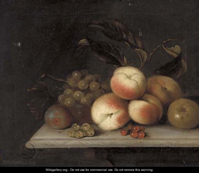 Peaches, grapes, red and whitecurrants, and an apple, on a ledge - (after) William Sartorius