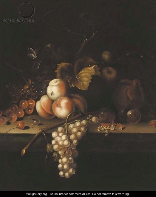 Cherries, peaches, grapes and white currants on a ledge - (after) William Sartorius