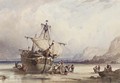 Figures dismantling a beached ship on a rocky shore - Auguste Delacroix