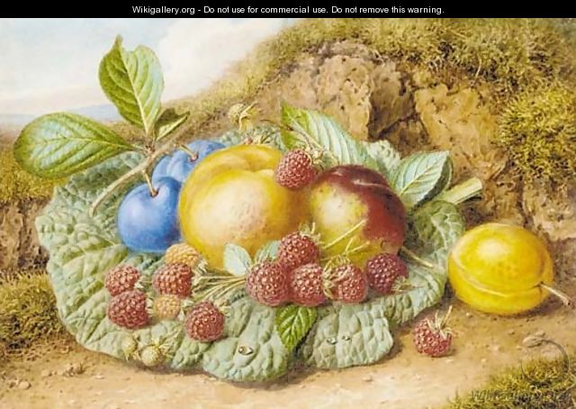 Still life with nectarines, raspberries and plums on a mossy bank - Augusta Innes Withers