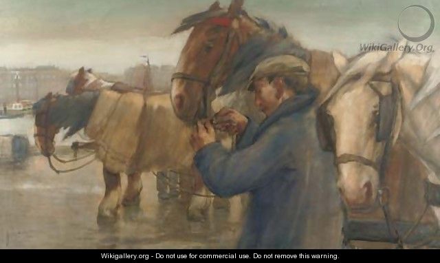 Tending to the horses on a Rotterdam quay - August Willem van Voorden