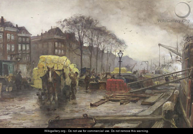 Labourers unloading cargo on a quay, Rotterdam - August Willem van Voorden