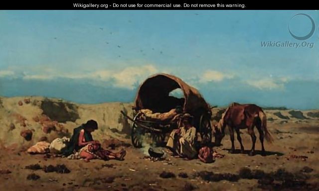 Travellers with their wagon in a landscape - August Xaver Karl von Pettenkofen
