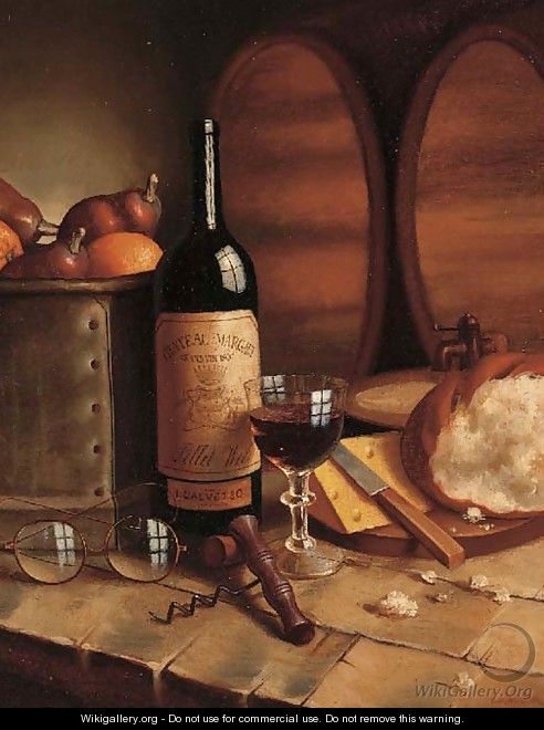 A bottle of Chateau Margaux, a goblet, fruit, bread, cheese and spectacles on a table - August Muller