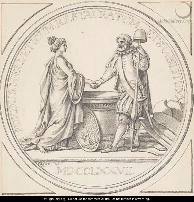 Alliance des corps Helvetiques An allegory of France shaking hands with a landsknecht, over an altar - Jacques-Augustin Pajou