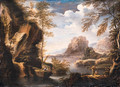 A mountainous river Landscape with Peasants conversing on a Bank - (after) Rosa, Salvator