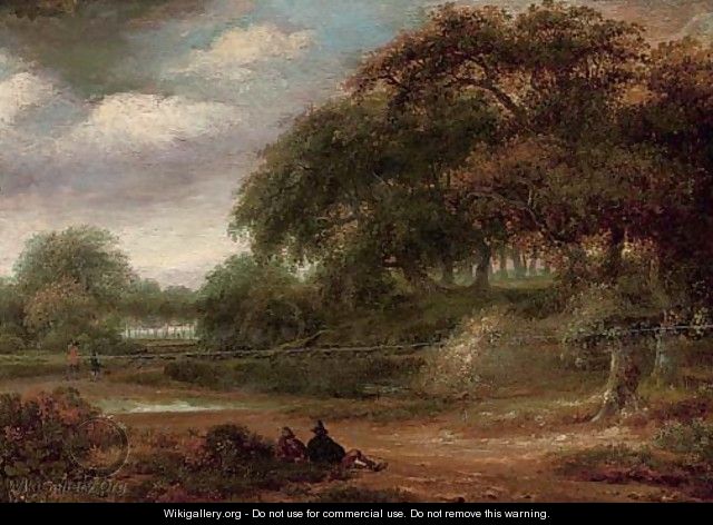 A wooded river landscape with travellers resting on a track - (after) Salomon Rombouts
