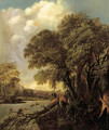 A wooded river landscape with a village in the distance - (after) Salomon Rombouts