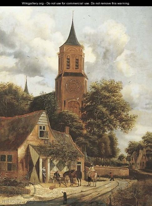 A village landscape with travellers taking refreshments at the Swan inn, a church nearby - (after) Salomon Rombouts