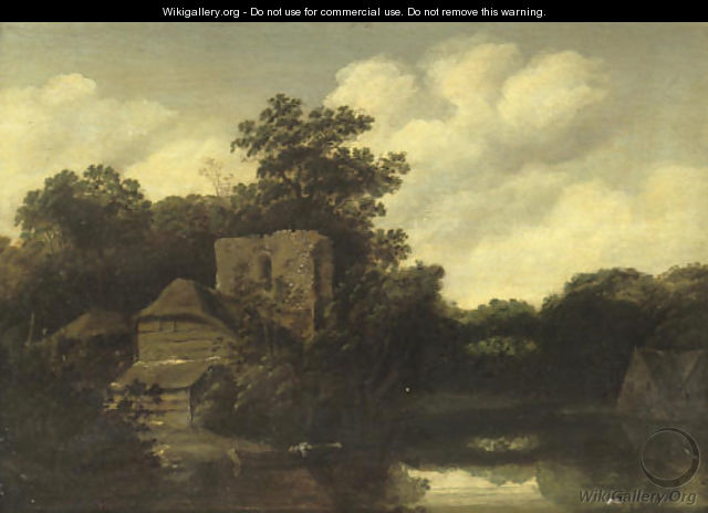 A wooded river landscape with a ruined tower and cottages - (after) Roelof Van Vries