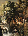 Deer, goats, an elephant and other animals by a waterfall - (after) Roelant Savery
