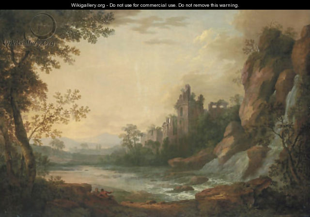 A river landscape with travellers resting on a path, a ruined castle beyond - (after) Robert Carver