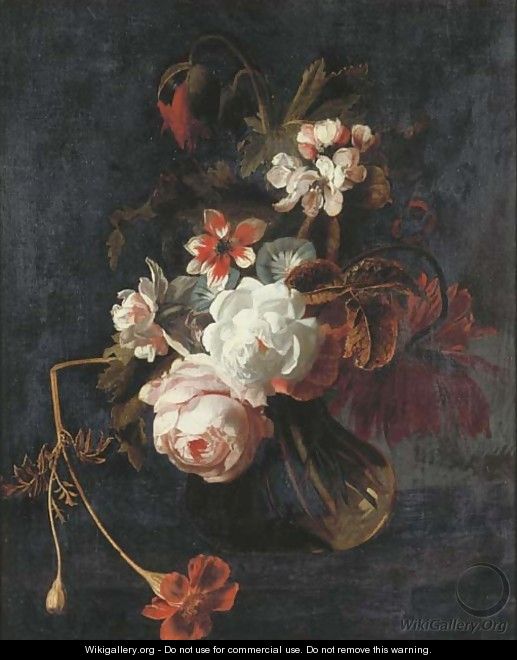 Roses, poppies, chrysanthamums, apple blossom, and other summer flowers in a glass vase with a butterfly - (after) Simon Pietersz. Verelst