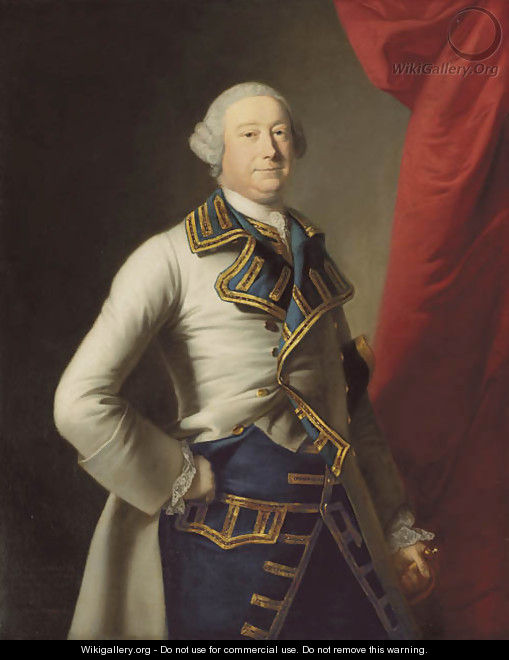 Portrait of John Rolle Walter, three-quarter-length, in a blue-lined coat with gold trimming and a blue and gold waistcoat, beside a curtain - (after) Thomas Hudson