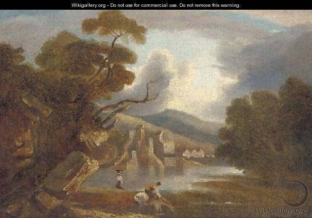 Figures before a lakeside village - (after) Thomas Barker Of Bath
