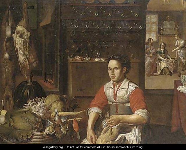 Christ in the House of Mary and Martha with a maid preparing poultry in the foreground - (after) Vincenzo Campi