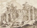 A ruined bath with figures among rocks in the foreground - (after) Tobias Van Haecht (see Verhaecht)