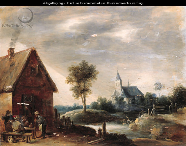 Boors playing at cards outside an inn, a church by a river beyond - (after) Thomas Van Apshoven
