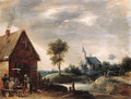 Boors playing at cards outside an inn, a church by a river beyond - (after) Thomas Van Apshoven