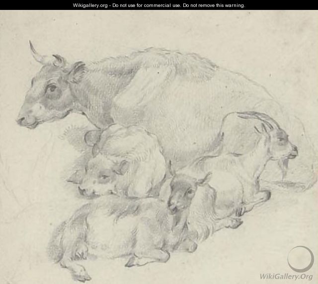 Study of a cow, her calf and two goats - (after) Thomas Sidney Cooper