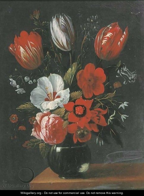 Tulips, roses and other flowers in a glass vase on a wooden ledge - (after) Nicolaes Van Verendael