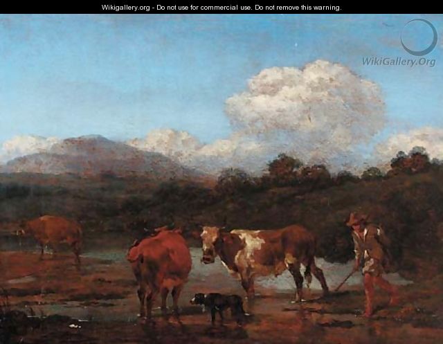 An Italianate landscape with herdsmen and cattle at a pool - (after) Nicolaes Berchem