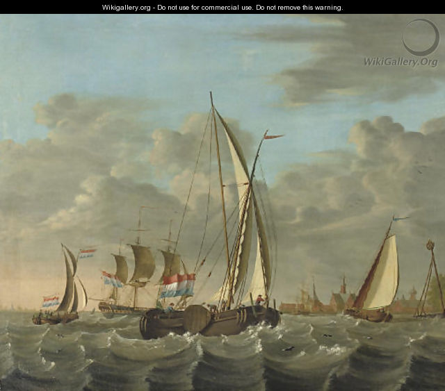 Shipping on choppy waters near the coast with a village beyond - (after) Nicolaas Baur