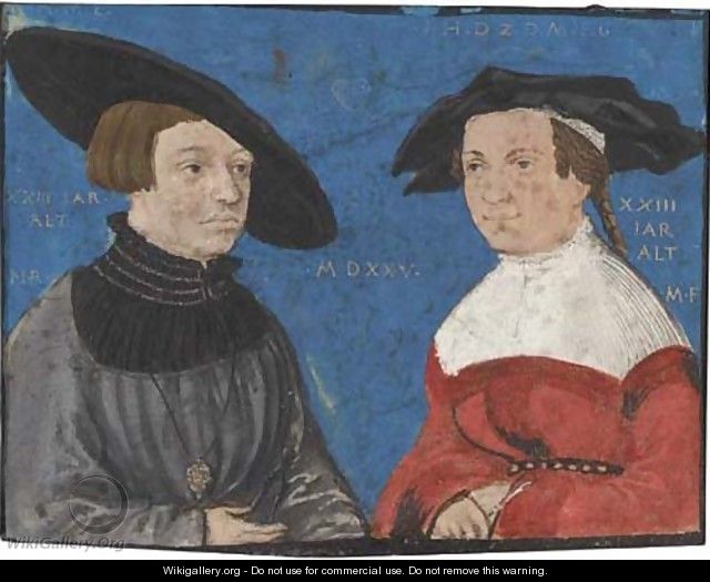 An elegantly dressed couple, half-length, the male figure holding a pair of compasses - (after) Narzisz Renner