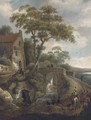 A wooded river landscape with travellers by a bridge - (after) Michiel Van Vries