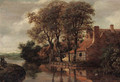 A river landscape with a mother and child on a path and a farmstead beyond - (after) Meindert Hobbema