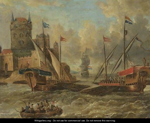 Two galleons and other shipping in choppy waters, by a city gate - (after) Petrus Van Der Velden