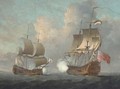 An English man-o'war opening fire on a Spanish armed ship flying Ostende colours - (after) Peter Monamy