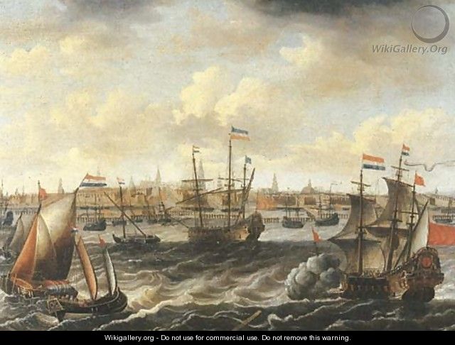 A view of Amsterdam with a Dutch frigate firing a salute, other men-o