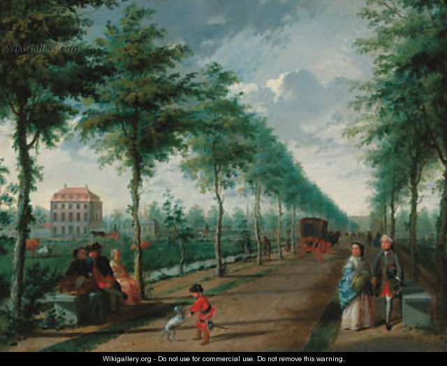 A view of The Hague with elegant figures walking in an avenue - (after) Paulus Constantin La Fargue