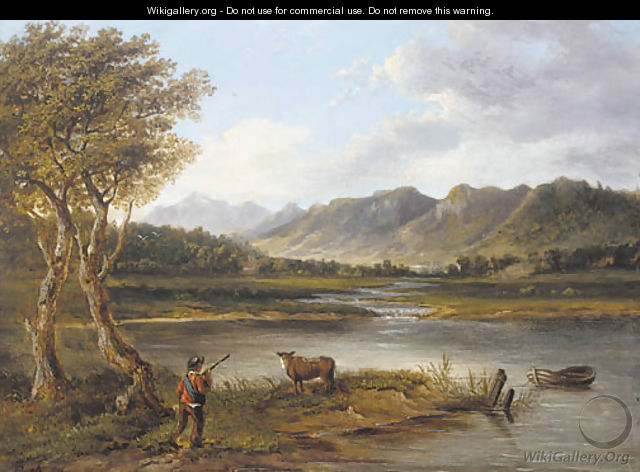 A drover and a cow in a mountainous river landscape - (after) Patrick Nasmyth