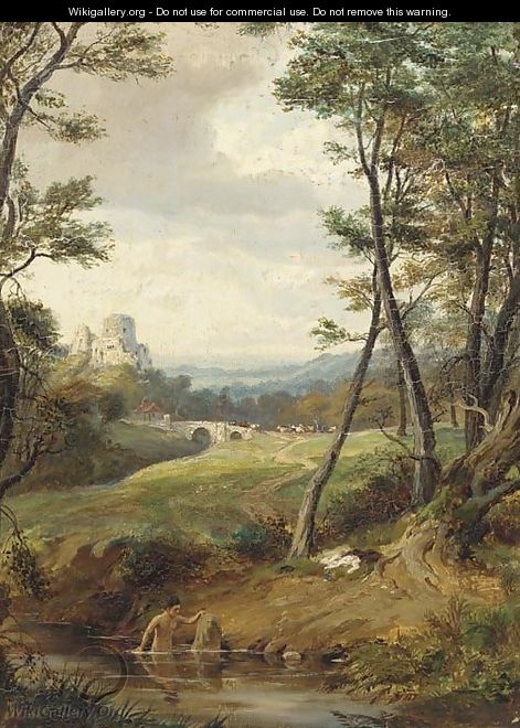 A bather in a wooded landscape, a castle beyond - (after) Patrick Nasmyth