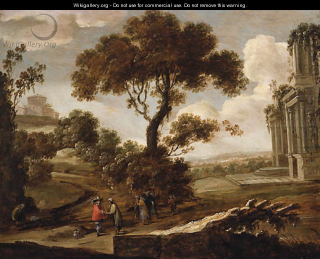 A Landscape with a Gentleman having his Fortune told - (after) Pieter Meulener